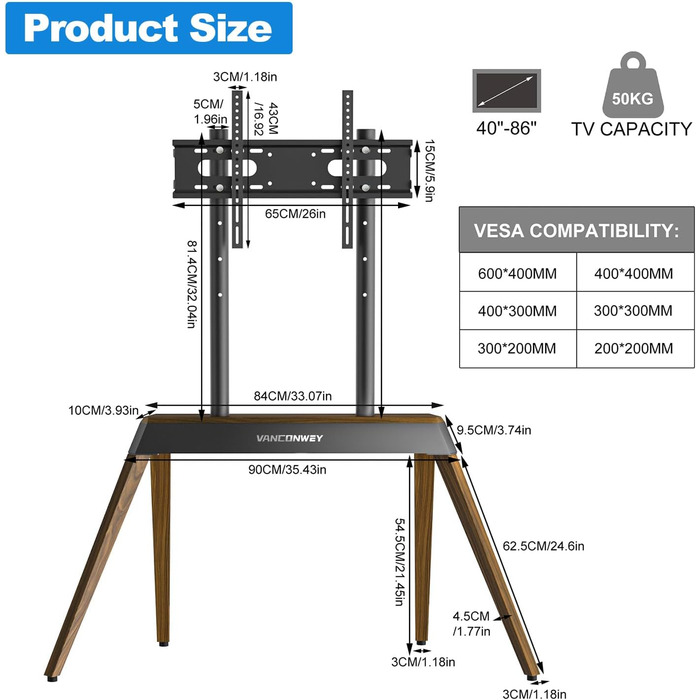Підставка для телевізора Vanconwey Boden TV Ständer для LED/LCD екранів 40-86 дюймів, дерев'яно-металева, до 110lbs, VESA 600x400mm, горіх (VC-Z1818)