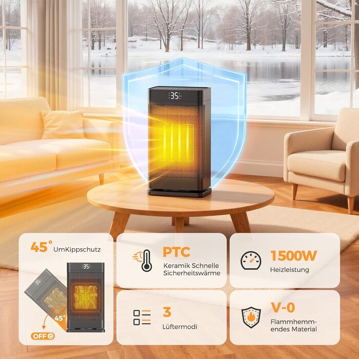 Керамічний електронагрівач 1500W з термостатом, PTC-керамічний нагрівач, ECO-режим, захист від перегріву та перекидання, 75° коливання, 2-в-1 енергозберігаючий нагрівач для дому, чорний