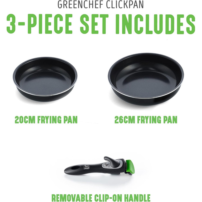 GreenChef ClickPan набір керамічного антипригарного посуду, 3 предмети: каструлі 16 см/1,6 л і 20 см/3,1 л з знімною ручкою, без PFAS, універсальні, компактні, для індукції, підходять для посудомийки, чорні