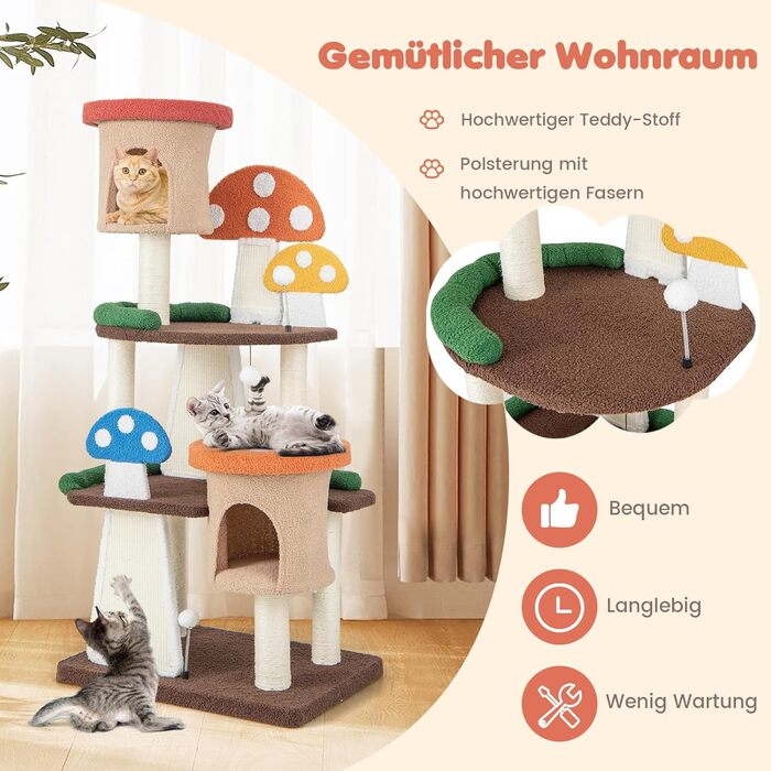 Дерев'яний кігтетопор для котів Costway з будиночками та сизалевим покриттям, 146 см