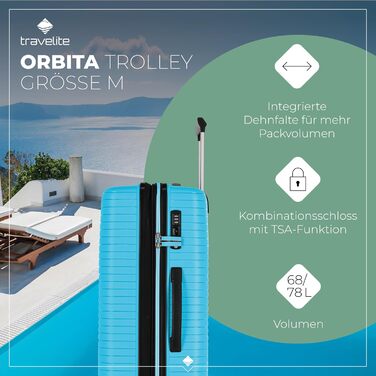 Чемодан Travelite ORBITA середній, розширюваний, 67 см, 68-78 літрів, 4 колеса, TSA-замок, тюрквіс