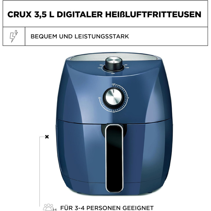 Фритюрниця Crux 3.7QT ручна, не потребує олії, швидке приготування, нержавіюча сталь/блакитний