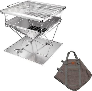 CAMPINGMOON 3-in-1 Portable Stainless Steel Wood Grill and Fire Pit, 16 x 18 inches, with Carrying Bag MT-045