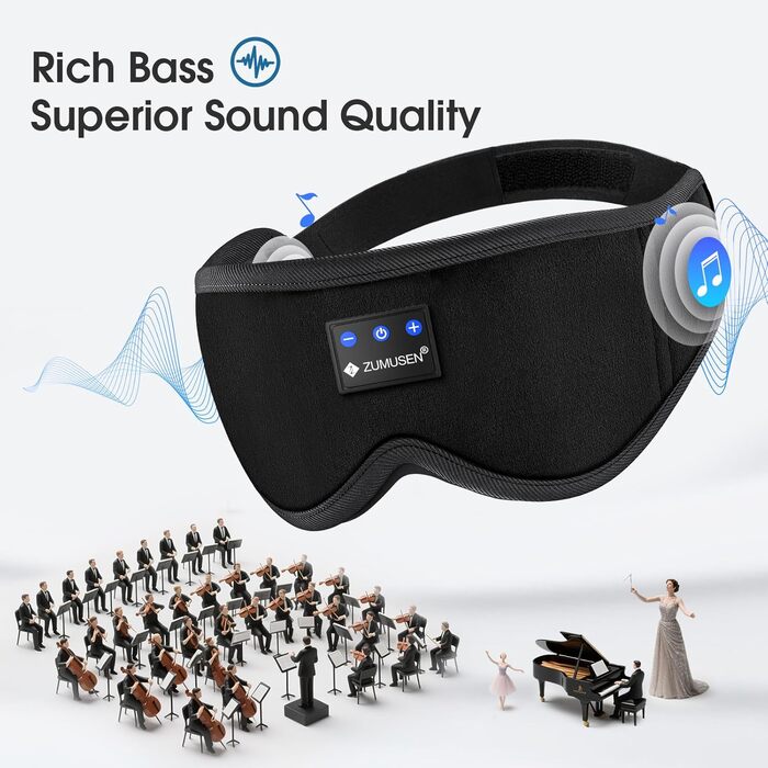 Маска для сну ZUMUSEN з навушниками Bluetooth V5.4, 3D маска для сну, повна світлонепроникність, регульована, для відпочинку, медитації, подорожей (Чорний)