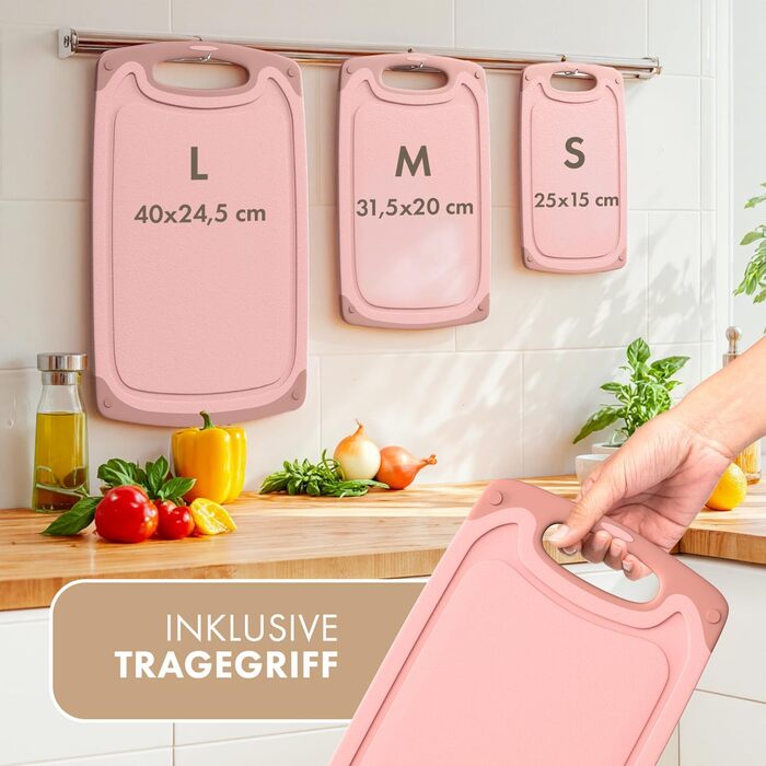 Набір дерев'яних обробних дощок Blumtal (S/M/L) - 3 шт. з жолобками для соку та ручкою, BPA Free, рожевий колір