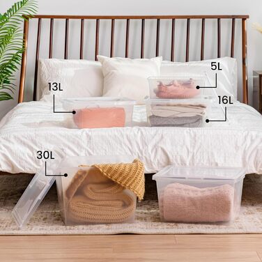 Iris Ohyama Versatile Storage Boxes, 5L, 20-Piece Set, Transparent, Easy-Close Lid, Stackable, For Closet, Shelves, Classroom, Organization, Toys, Art Supplies, Shoes, CNL-5