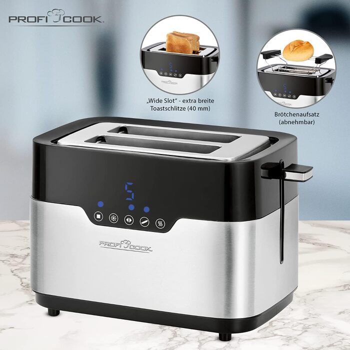 Тостер ProfiCook PC-TA 1250/1170 Inox: 2 слоти, нержавіюча сталь, 850 Вт, 7 рівнів підсмажування, знімний піднос для бургерів