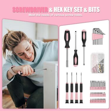 Набір інструментів Sundpey 206tlg з акумуляторною дрилем 12V для ремонту вдома та DIY, рожевий