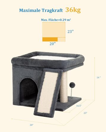 Aechonow Cat Tree for Large Cats - Stable, Cat Tree with Large Lying Area (51x41cm), 3-Tier Cat Cave Bed for Indoor Adult Cats, Dark Grey