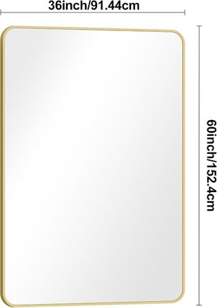 Дзеркало для ванної кімнати BONEWEI, 61 x 121,9 см, прямокутне, для монтажу на стіну, з рамою, косметичне дзеркало з округлими кутами, для спальні, вітальні, передпокою, горизонтальне (Золотий, 139.7L x 91.4B cm)