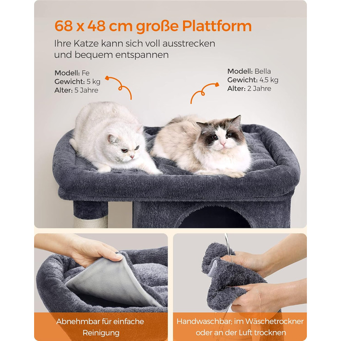 Feandrea Cat Tree, 84 cm Cat Tree, L, Cat House for Large Cats up to 7 kg, Large Platform, 2 Cat Caves, Sisal Posts, PCT61W (XL (68 x 48 x 101 cm), Smoke Gray)