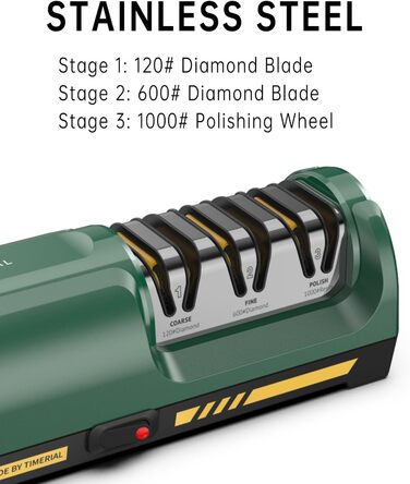 Електричний точило для ножів 3 ступені алмазних шліфрісків, 15° прецизійна кутова направляюча, для заточування та полірування сталевих та керамічних кухонних ножів, 120/600/1000 гріт