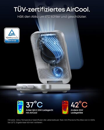 Зарядна станція Anker Prime 3-in-1 Qi2 25W з системою охолодження AirCool, бездротовий зарядний пристрій (білий)