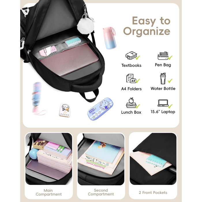 Шкільний рюкзак Tanou для підлітків, чорний, з пеналом та сумкою через плече, відділення для ноутбука 15,6 дюймів