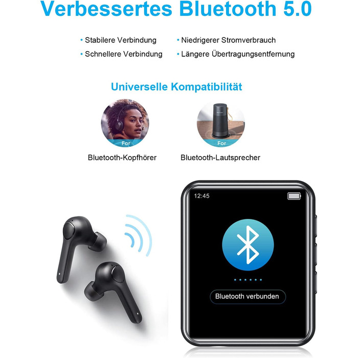 MP3 плеєр 32GB Bluetooth 5.0 з сенсорним екраном, Hi-Fi звук, радіо, диктофон, металевий корпус (Чорний)