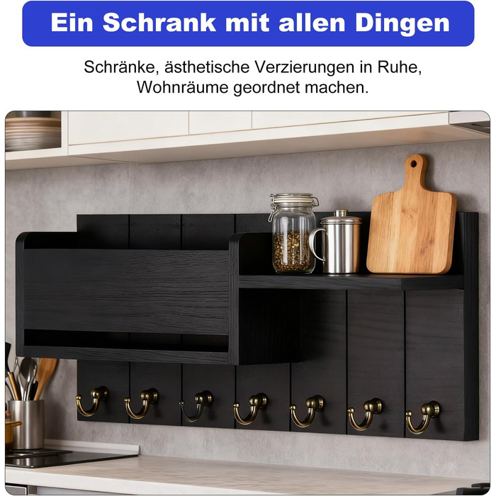 Дерев'яне ключниця з полицею, органайзер для ключів на 6 гачків, декоративна полиця для ключів з 4 шурупами для прихожої, входу, спальні