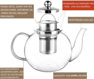 Скляна чайниця CNGLASS 600 мл з ситом, для листового та квіткового чаю, стійка до плити