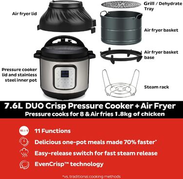 Instant Pot Duo Crisp + Air Fryer 11-in-1 Electric Multi-Cooker 7.6 L - Pressure Cooker, Air Fryer, Slow Cooker, Steamer, Sous Vide Device, Dehydrator with Grill, Keep Warm and Baking Function Silver 8 Liter Duo Crisp + Air Fryer