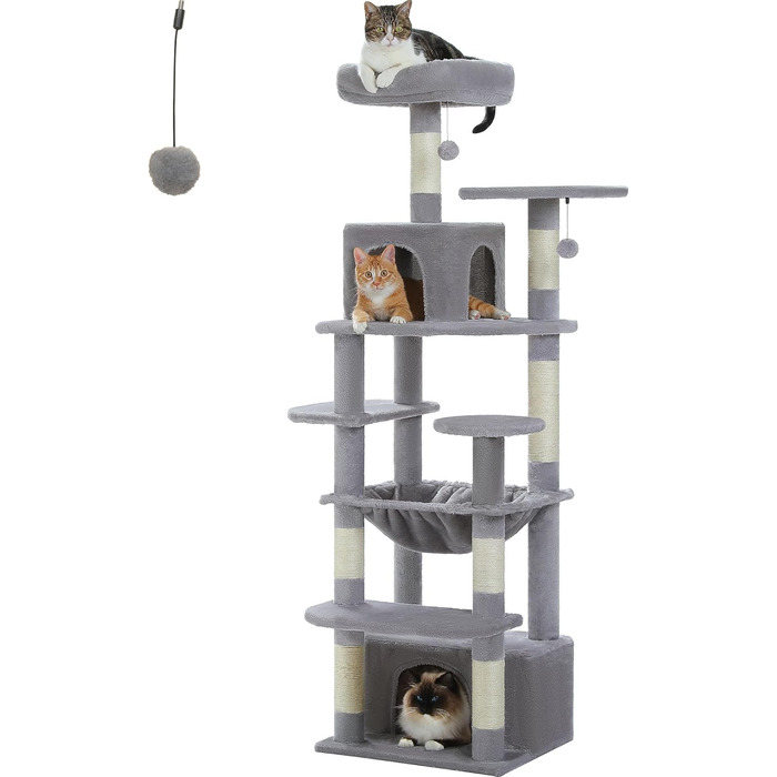 PAWZ Road Дряпка для котів велика, стабільна, 184 см, з гамаком, 7 стовпчиків для дряпання, велика полиця, кошик, для великих котів, сірий (M)