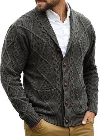 Чоловічий в'язаний жакет Comdecevis з коміром-шарфом, рельєфним в'язанням, ґудзиками, довгими рукавами, кишенями, темно-сірий (3XL)