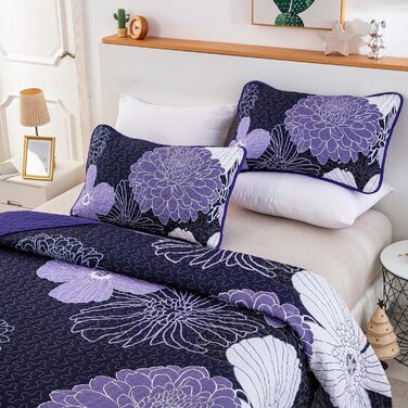 Покривало WONGS BEDDING 220x240 см, лілове, квітковий принт, мікрофібра, літнє стьобане покривало для двоспального ліжка + 2 наволочки 50x75 см
