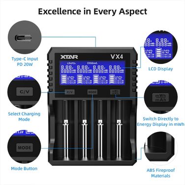 Зарядний пристрій XTAR VX4 для Li-Ion, LiFePO4, Ni-MH акумуляторів 1.2V-3.7V + Тестер ємності