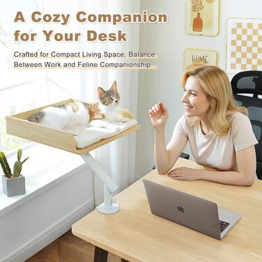 Кішка ліжко PAWZ Road для столу з інтерактивним плюшевим м'ячем, кошик для котів, 360° обертається, гамак для котів, ліжко для котів, підходить до 22.5 кг (Бежевий, прямокутний, дерев'яний)