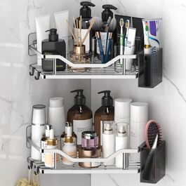 Поличка для душу без свердління, кутова, 2 шт. Органайзер для ванної кімнати з 4 гачками, чорний. Аксесуар для душу, тримач для шампуню. (B-silver)