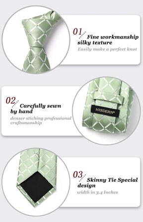 HISDERN Комплект краватки та кишенькового хустинки в клітинку для чоловіків (світло-зелений)