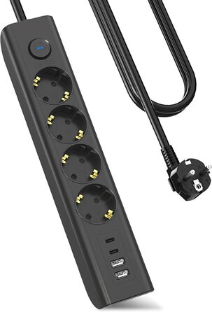 Многофункціональна мережева розетка 8 в 1 з USB, 3680W, з вимикачем, 16A, 2 USB-C, для смартфонів, ноутбуків, iPad, білий/чорний, 1.8м кабель