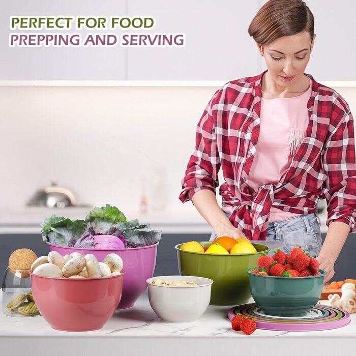 Набір салатниць з кришкою, міски для перемішування з пластику, набір вкладишів для кухні, великі салатниці, сервіровочні миски для змішування та подачі, BPA-free, фіолетовий