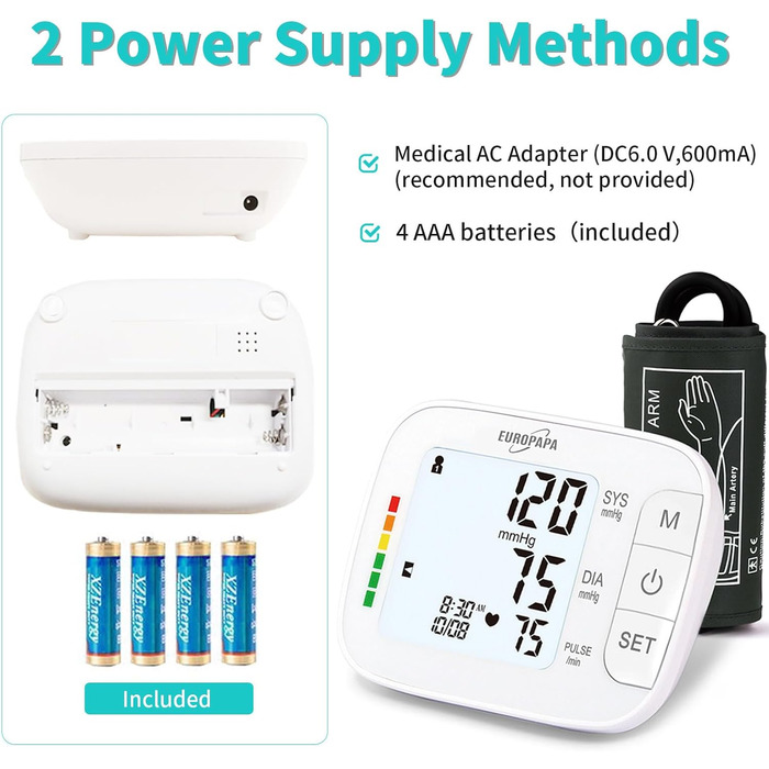 Тонометр EUROPAPA на плече для дому, вимірювання пульсу та артеріального тиску, велика манжета (22-42 см), 2 * 60 пам'ять, для 2 користувачів