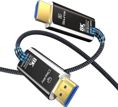 HDMI кабель оптоволокно 8K, HDMI 2.1 кабель (48Gbps) Ultra High Speed, підтримка 8K@60Hz, 4K@120/144Hz, Dynamic HDR, eARC, ARC, Dolby Atmos для PS5/4, HDTV, монітор, ПК, ноутбук (плетіний HDMI кабель, 15 м)