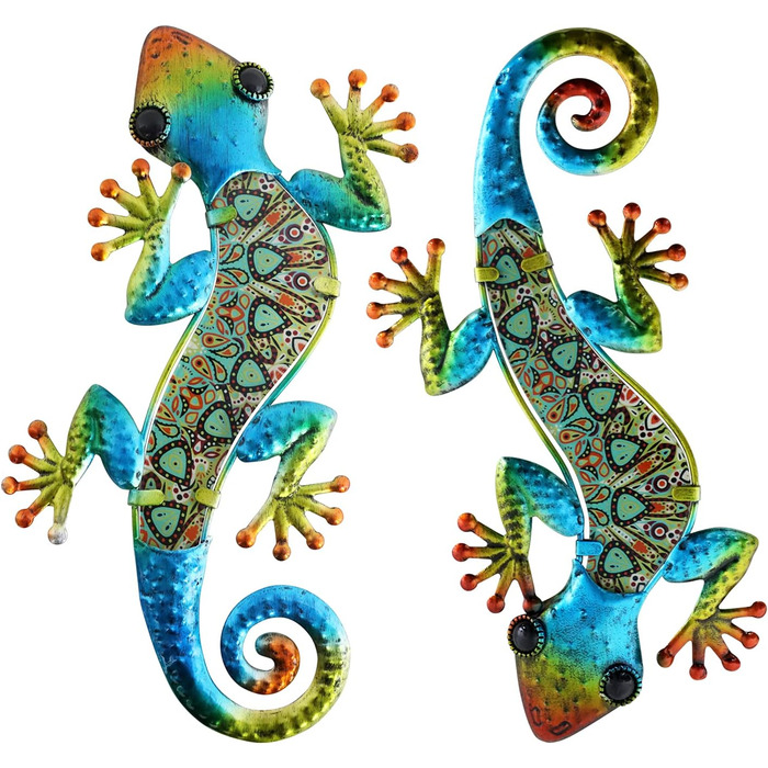 HONGLAND Metal Gecko Wall Decoration, Lizard, Garden Art, Colorful Glass Sculpture for Hanging, for Indoor and Outdoor Use, Patio, Fence (Symphony), 2 Pieces