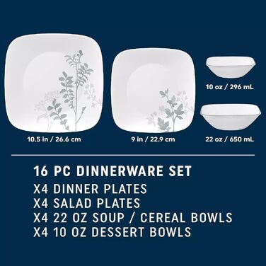 Посуд Corelle Amalie Square 16 предметів для 4 осіб – міцний та стильний набір