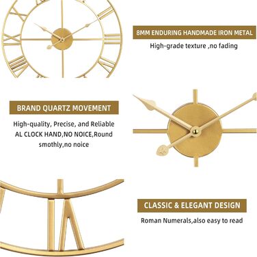 Mee 2ou Wall Clock Modern Nearly Silent Without Ticking Sounds - Diameter Roman Numerals Wall Clocks Modern Living Room Wall Clock Vintage For Bedroom Kitchen Office Country House Style Industrial Style (40CM, Gold)