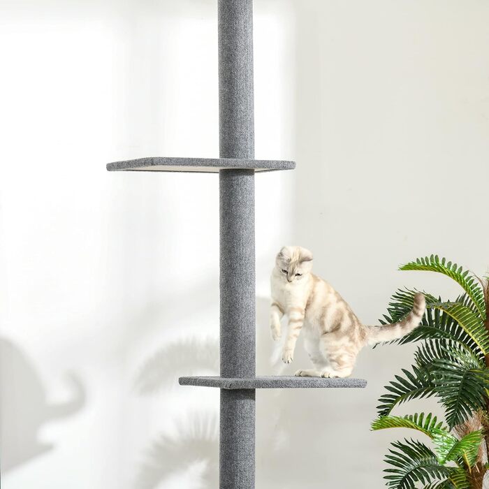 PawHut Cat Tree, Ceiling-High, 228-260 cm Adjustable Height Cat Tree, Climbing Tree for Cats with 3 Levels, Cat Scratching Post, Floor-to-Ceiling Play Tree Grey