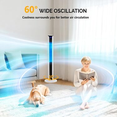 Вентилятор вежний Bonnlo з пультом, Wi-Fi, LED-дисплеєм, 3 швидкості, 3 режими (природний/звичайний/нічний), 60° осциляція, 24 ft/s, 40 дБ, білий