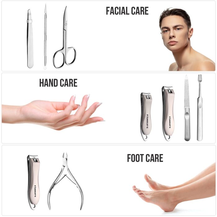 Набір для манікюру та педикюру FAMILIFE: 8 предметів з нержавіючої сталі, професійний, з кейсом, подарунок для чоловіків