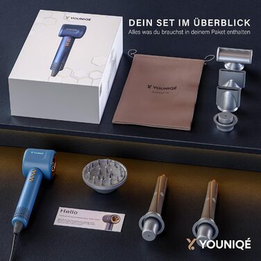 Фен YOUNIQÉ 5-в-1 з іонізацією, насадки для локонів, випрямлення, дифузор та концентратор, 1600W, LED, 4 температурні режими, магнітні насадки, ергономічний дизайн, блакитний/золотий