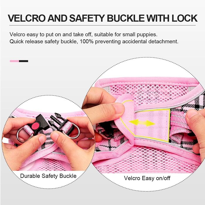 Шлейка для собак Suredoo для маленьких та середніх порід, антинатяжна, дихаюча, з повідком (рожевий в клітинку)