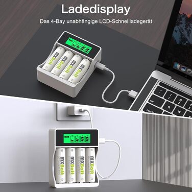 Акумулятори NiMH AA та AAA з зарядним пристроєм, 4 шт. AA 3200mAh, 4 шт. AAA 1200 циклів, USB-C, LCD, швидка зарядка