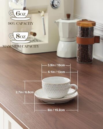 Набір кавових чашок MALACASA з блюдцем, 8 шт., для 4 особи, з рельєфом, 180 мл, кераміка, бежевий