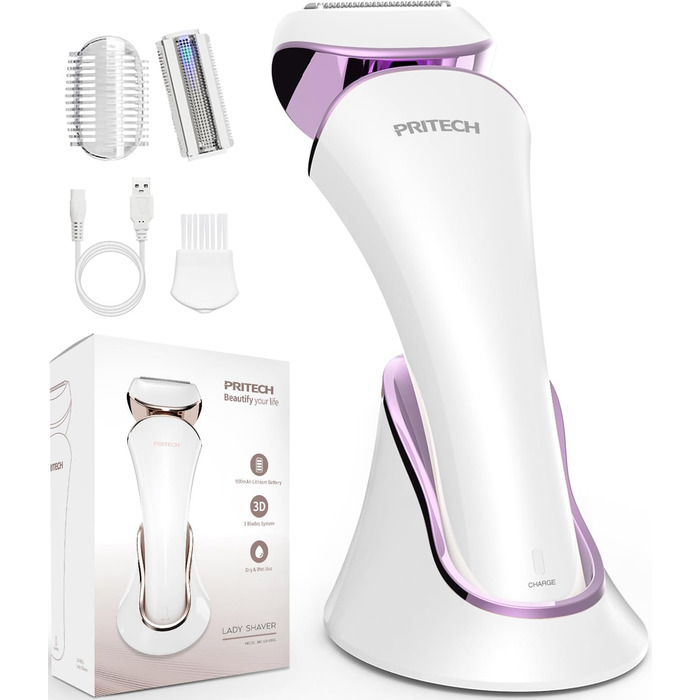 Електричний жіночий триммер для тіла: безболісне гоління ніг, бікіні та під пахв, бездротовий, USB, мокрий/сухий, білий/фіолетовий