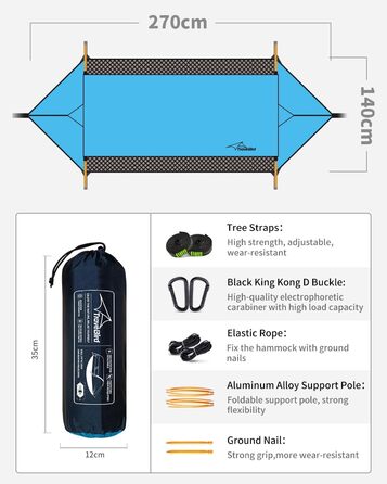 Гамак для кемпінгу 4-в-1 з москітною сіткою та знімним сонцезахистом, 290x140 см, для відпочинку на природі, пікніків, походів та подорожей, армійного кольору (106x55 см, блакитний)