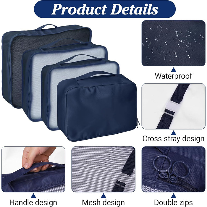 Органайзер для валізи Zorplex, набір 10 шт. (Pack Cube Set), аксесуари для подорожей, сумки для одягу, взуття та косметики (Темно-синій)