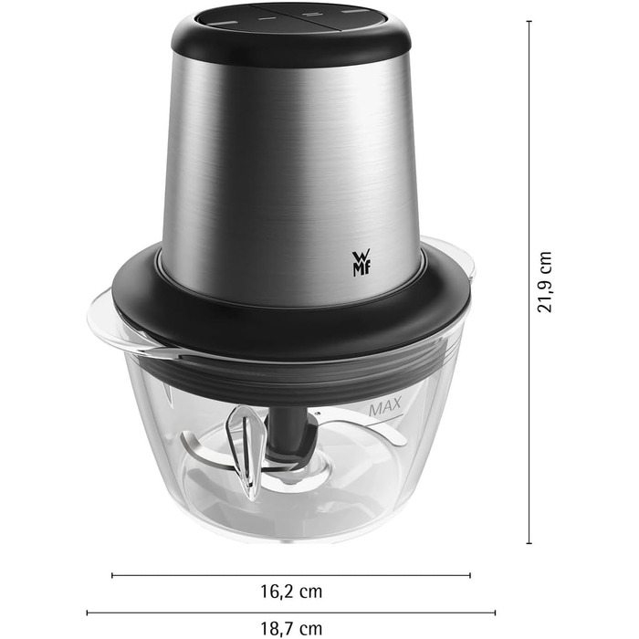 Електричний подрібнювач WMF Kult X – міні-подрібнювач, блендер для овочів, зелені та горіхів, 1л, скло, нержавіюча сталь, компактний, миється в посудомийній машині