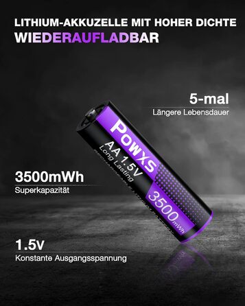 Акумулятори POWXS 8x 3500mAh AA Lithium з 8-порідним швидким зарядним пристроєм з LCD-дисплеєм | Швидка зарядка та стабільна напруга 1.5V | Для геймпадів, LED-ліхтарів, пультів дистанційного керування