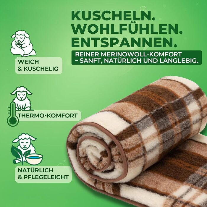 Плед з мериносової вовни, 240x200 см - теплий та м'який плед з 100% вовни мериноса, великий та пухнастий, вага 500 г/м², дихаючий матеріал, коричневий