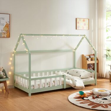 en.casa Kids Bed Hesel House Bed Grey 90 x 200 cm with Side Rails and Slatted Base, Floor Bed, Youth Bed, Wooden Bed